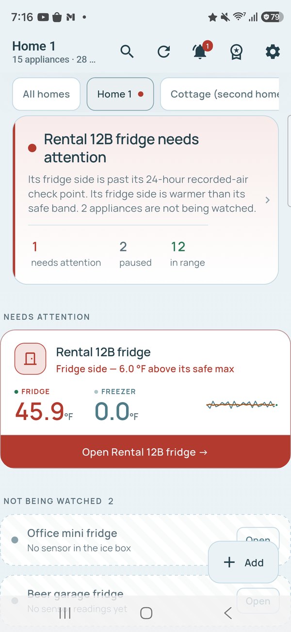The ColdMinder app's fridge detail: in range, with the 12-hour chart